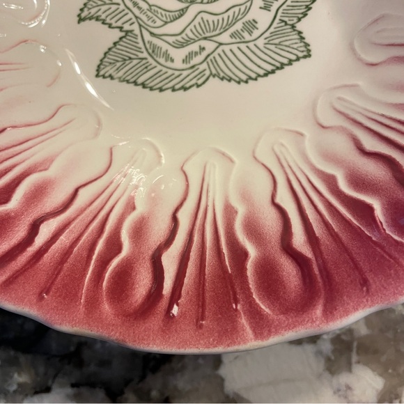 Vtg Art Deco Scio Pottery Vegetable Serving Bowl Hairpin Pink Green Rose - Picture 2 of 4